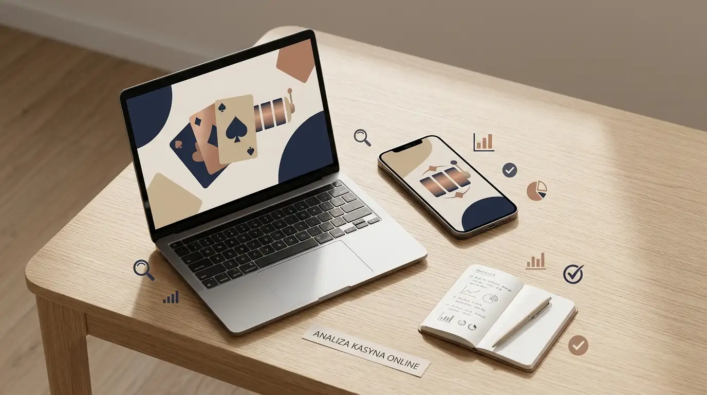 Ilustracja analizy kasyna online na telefonie i laptopie bez znaków marki