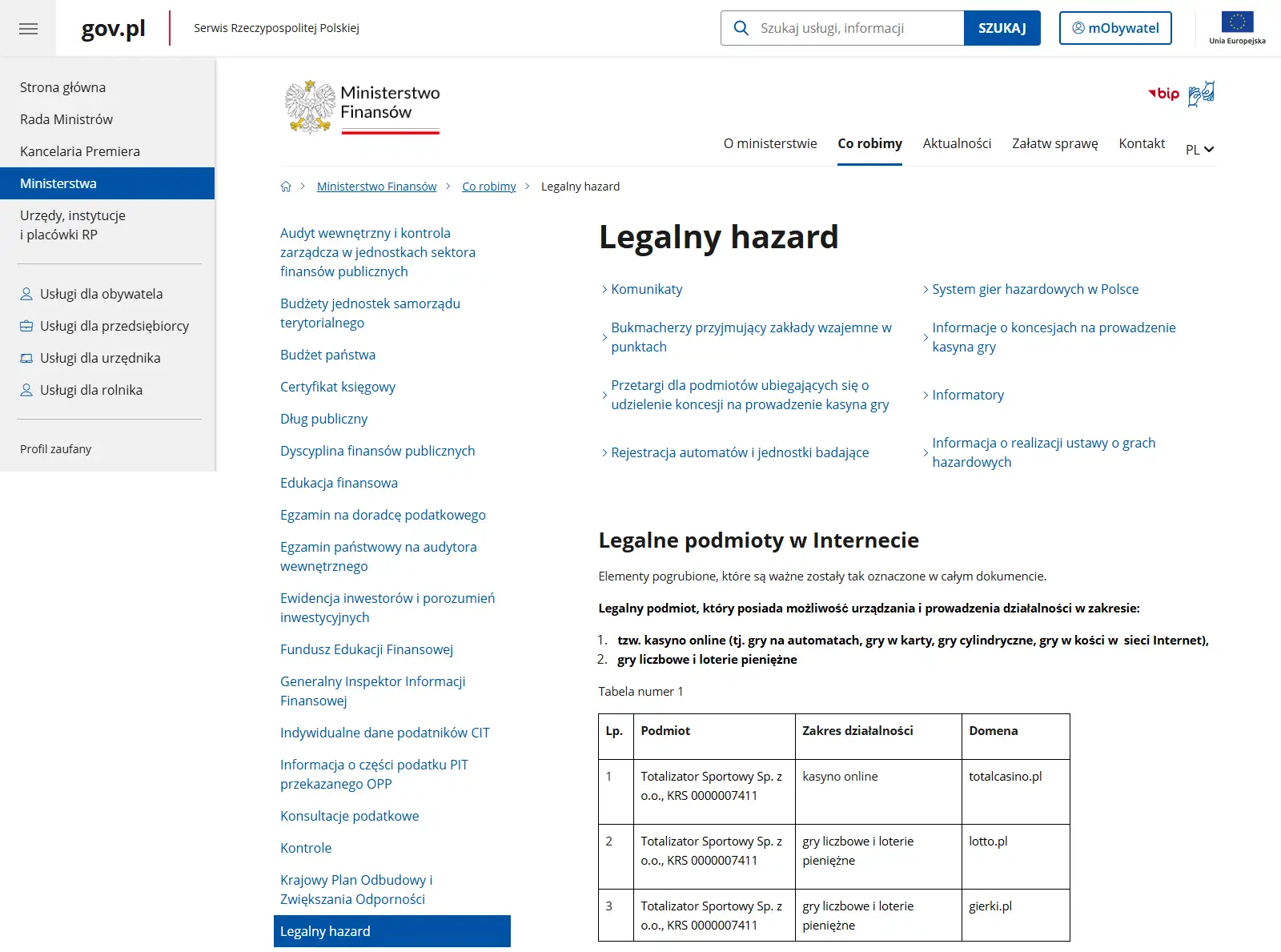 Widok strony Ministerstwa Finansów z informacją o legalnych podmiotach hazardowych online