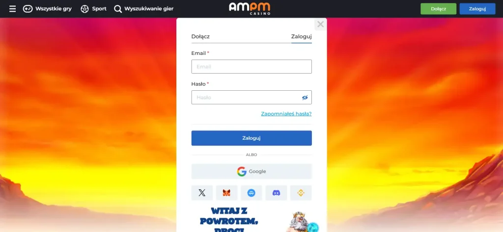 Widok aktualnego formularza rejestracyjnego AMPM Casino z polami konta i wyborem kraju lub waluty