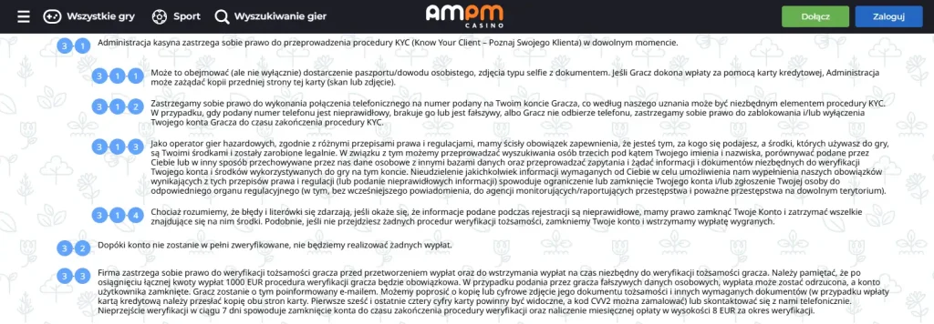 Widok aktualnego fragmentu oficjalnego regulaminu AMPM dotyczącego weryfikacji KYC