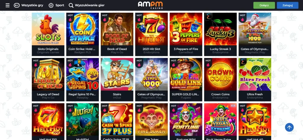 Widok aktualnego katalogu gier AMPM Casino z kategoriami i dostawcami