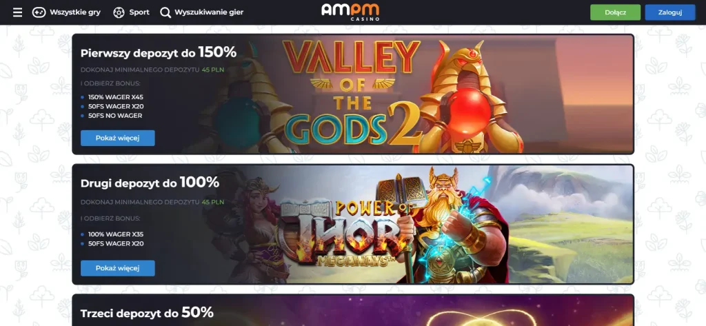 Widok aktualnych warunków bonusowych lub panelu promocji AMPM Casino