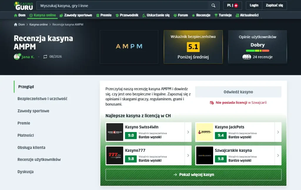 Widok niezależnej platformy z opiniami i skargami dotyczącymi AMPM Casino