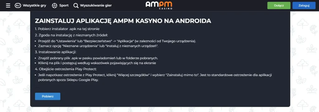 Widok oficjalnej strony pobierania AMPM dla urządzeń z Androidem