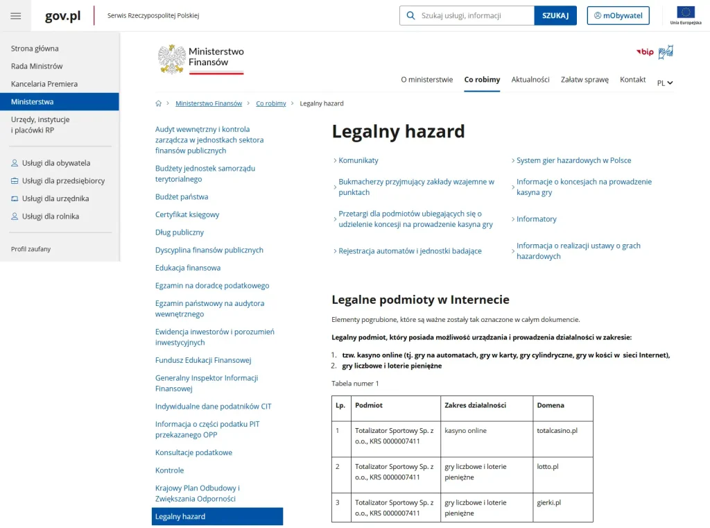 Widok strony Ministerstwa Finansów z listą legalnych podmiotów hazardowych online